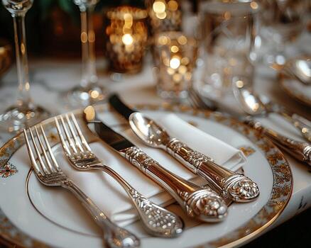 un conjunto de cuchillería desplegado en un gama alta restaurante. foto