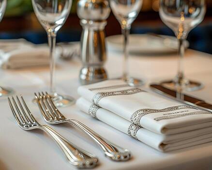 un conjunto de cuchillería desplegado en un gama alta restaurante. foto