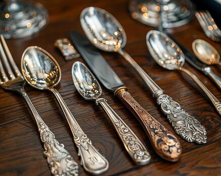 un conjunto de cuchillería desplegado en un gama alta restaurante. foto