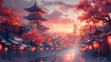 A street scene with vibrant Lunar New Year decorations and lanterns. photo