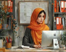 A woman in a hijab working in a collaborative workspace. photo
