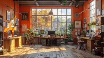 An inclusive workspace with people from different backgrounds working together. photo