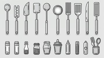 An outline drawing of various kitchen utensils illustration photo