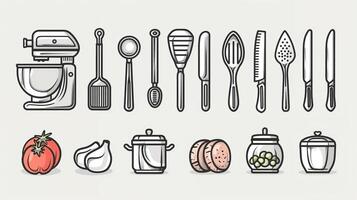 An outline drawing of various kitchen utensils illustration photo
