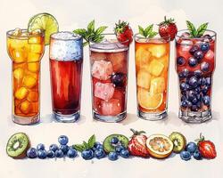 An outline drawing of various types of beverages. photo