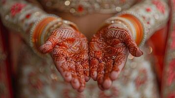 Close-up of a woman in traditional attire with intricate henna designs on her hands photo
