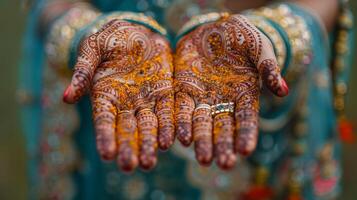 Close-up of a woman in traditional attire with intricate henna designs on her hands photo