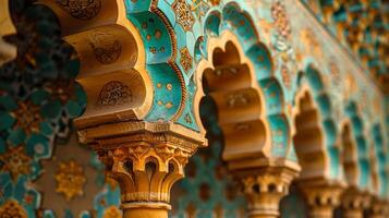 Detailed close-up of mosques geometric patterns and calligraphy. photo