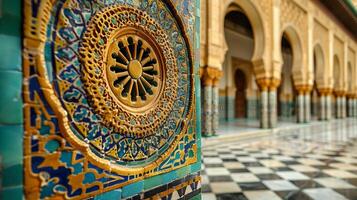 Detailed close-up of mosques geometric patterns and calligraphy. photo