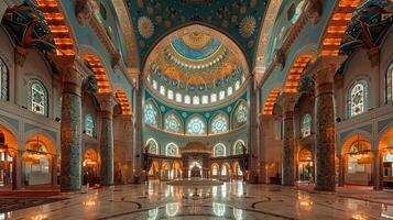 Interior of a grand mosque with intricate arches and domes photo
