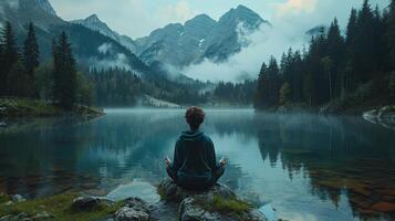 Man meditating by a lake medium shot photo