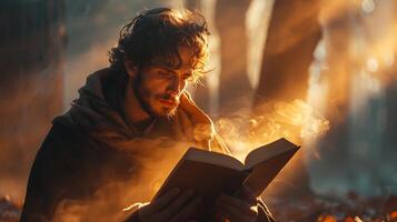 Man reading from a holy book in a quiet corner of a mosque photo
