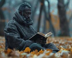 Man reading from a holy book in a park medium shot photo