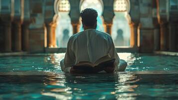 Man reading from a holy book in a quiet corner of a mosque photo