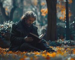 Man reading from a holy book in a park medium shot photo