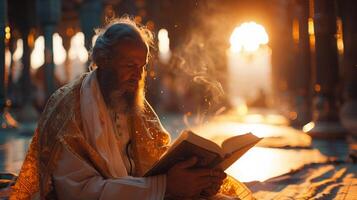 Man reading from a holy book during Eid al Adha close-up photo