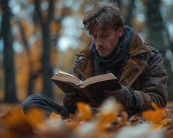 Man reading from a holy book in a park medium shot photo