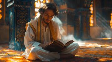 Man reading from a holy book in a quiet corner of a mosque photo