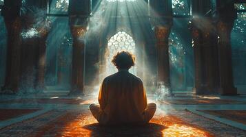 Man reading from a holy book in a quiet corner of a mosque photo
