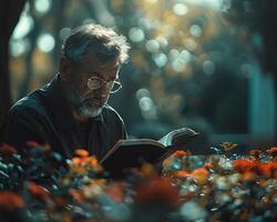 Man reading from a holy book in a park medium shot photo