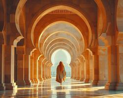 Person walking through a mosques archway medium shot photo
