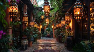 Traditional Eid al Adha decorations and lanterns hanging in a courtyard photo