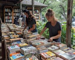 Volunteers setting up a free library in the neighborhood. photo