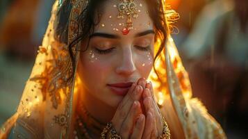 Woman in traditional attire praying indoors photo