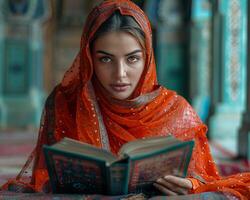 Woman reading from a holy book seated inside a mosque photo