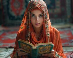 Woman reading from a holy book seated inside a mosque photo