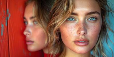 A portrait of a woman with freckles, reflecting against a red and blue background photo