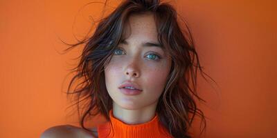 A young woman is posing with glamorous face makeup in front of an orange background photo