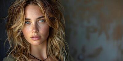 Young woman with freckles, embodying classic beauty and delicate allure in a captivating manner photo