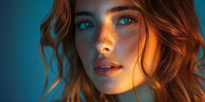 A womans closeup with glitter on her face, lit dramatically to reveal beauty and emotion photo