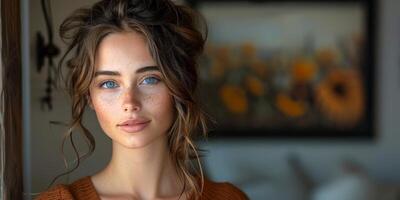 Portrait of a beautiful woman with freckles and messy hair in an artistic and elegant setting photo