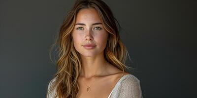 Photo of a woman with freckles in natural light, highlighting her serene expression and elegance
