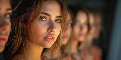 Portrait of a serene young woman with sandy face, blue eyes, and a captivating stare photo