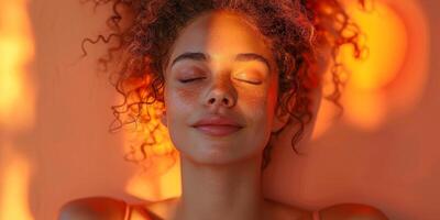 Peaceful woman relaxes in warm sunlight with eyes closed, enjoying the suns soothing warmth photo