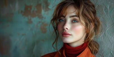retrato de un mujer con azul ojos en hermosa otoñal colores y terroso tonos foto
