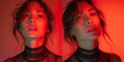 Artistic portrait of a woman enhanced by glitter elements and illuminated by striking red lighting photo