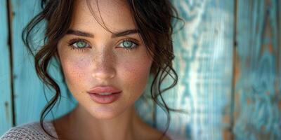 Portrait of a young woman with blue eyes and freckles, closeup outdoors, emphasizing natural beauty photo