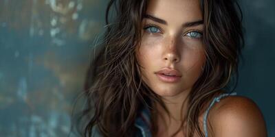 Portrait of a Freckled Woman with Blue Eyes, showcasing natural beauty and charm in an artistic way photo