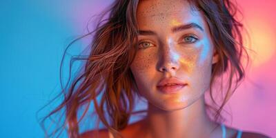 Captivating image of a woman glittering under neon lights with a vibrant and colorful background photo