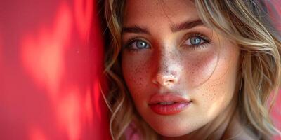 CloseUp Portrait of a Young Woman with Freckles Against a Vibrant Red Background photo