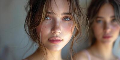 Closeup portrait of a young woman with freckles, serene expression, and delicate beauty photo