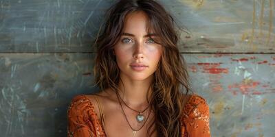 Beautiful woman with freckles and long hair exudes natural charm against a rustic background photo