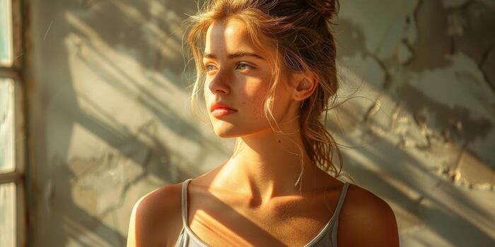 A young woman with a thoughtful expression stands by the window, bathed in sunlight photo