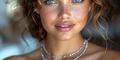 Closeup portrait of a stunning woman with sparkling freckles and beautiful blue eyes photo