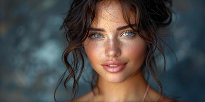 Captivating and dazzling woman with freckles and blue eyes against a blurred background photo