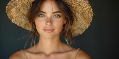 hermosa mujer en Paja sombrero, sonriente en luz de sol, exhibiendo verano Moda y belleza foto